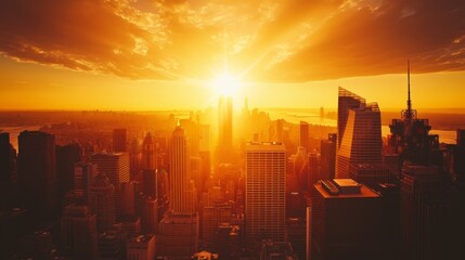 Poster - A stunning view of the sun setting between towering skyscrapers, casting a golden glow and long shadows across the cityscape, with silhouettes of buildings against a vibrant sky.