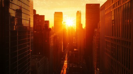 Poster - A stunning view of the sun setting between towering skyscrapers, casting a golden glow and long shadows across the cityscape, with silhouettes of buildings against a vibrant sky.