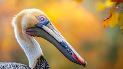  A pelican up-close against a backdrop of a tree, a solitary yellow leaf in the foreground