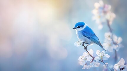  A blue bird perched atop a tree branch, surrounded by white flowers foreground, against a softly blurred backdrop