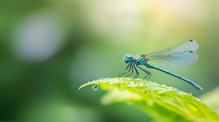 Wall Mural -  A tight shot of a blue dragonfly perched on a wet, green leaf, its transparent wings dotted with water droplets