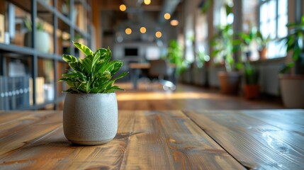 Wall Mural - a vibrant potted plant in the foreground set against a cozy and well-lit modern office environment w