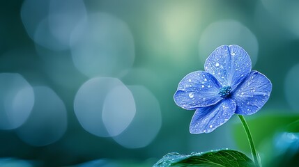 Wall Mural -  A tight shot of a blue bloom speckled with water droplets, a green leaf positioned prominently in the foreground