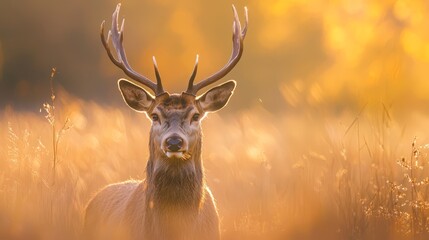 Canvas Print -  A deer's face, tightly framed by tall grass, set against a yellow backdrop sky