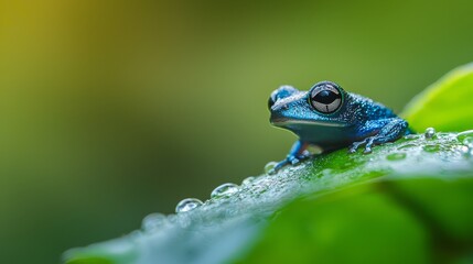 Wall Mural -  A blue frog sits on a green leaf, dotted with water drops, against a blurred background