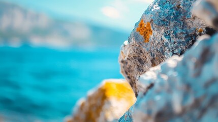 Poster -  A tight shot of a rock submerged in water, with a blue sky reflecting overhead