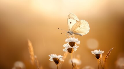 Wall Mural -  A white butterfly atop a white flower Nearby, a blend of brown and white blooms against a softly blurred backdrop