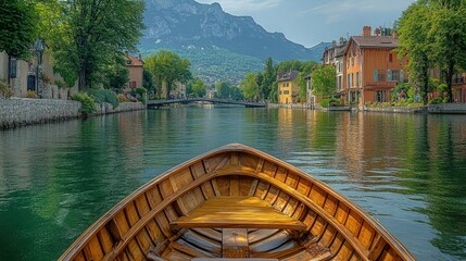 Scenic view from a wooden boat navigating a tranquil canal lined with colorful houses.