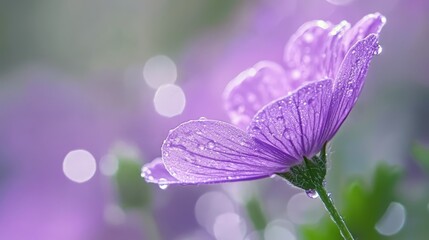 Canvas Print -  A tight shot of a purple bloom dotted with water droplets, surrounded by a hazy backdrop of green foliage