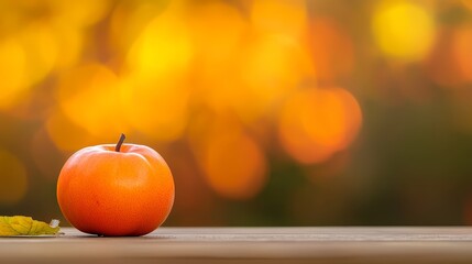 Poster -  A clear-background orange apple atop a wooden table Nearby, a single leaf on the ground