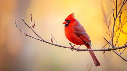 Wall Mural - a red avian perched high, branch adjacent devoid of foliage, beneath a vibrant, sunlit yellow sky