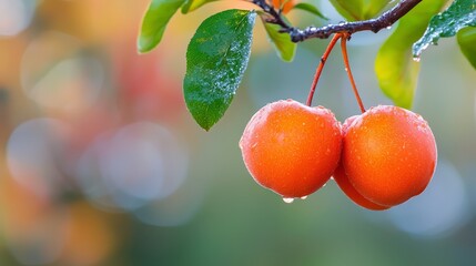  Two cherries with water droplets on leaves and fruit, suspended from a branch