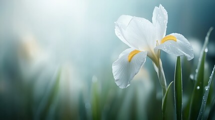 Poster -  White flowers atop a lush, green grass field against a light blue sky