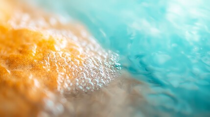  A tight shot of a yellow fruit's textured surface, adorned with water droplets in the foreground