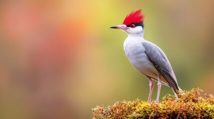 Wall Mural -  A tight shot of a bird with a vivid red crest against a mossy foreground, backed by an indistinct blur