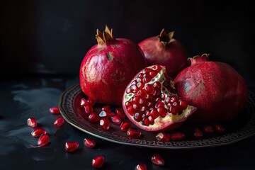 Wall Mural - Top view of ripe pomegranates on black background