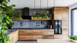 © highspirit - A minimalist kitchen with reclaimed wood cabinetry, solar-powered appliances, and indoor plants for natural air purification