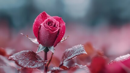 Sticker -  A tight shot of a rosy pink bloom, adorned with droplets on its petals, against a softly blurred backdrop