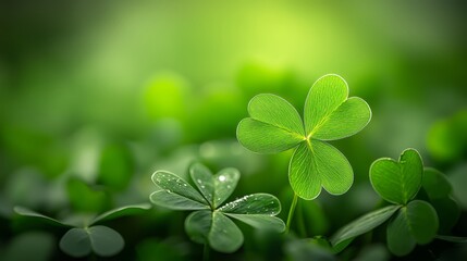 Wall Mural -  Four clover leaves, each nestled atop a verdant field, feature tiny water droplets glistening on their surfaces