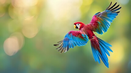 Wall Mural -  A red-and-blue parrot flies with sprawled wings