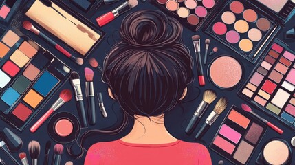 Girl sitting amidst a variety of makeup tools, including brushes, lipstick, and eyeshadow palettes, exploring cosmetics