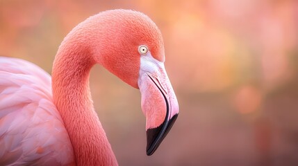 Wall Mural -  A tight shot of a pink flamingo against a softly blurred backdrop The flamingo's image is crisp, while its surroundings subtly fade into obscurity