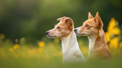 Wall Mural -  Two dogs, one brown and one white, stand side by side in a field of green grass and vibrant yellow daffodils