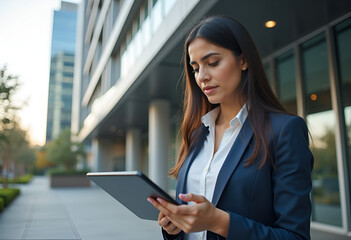 Banner of young middle eastern Israel businesswoman using tablet pc application for online remote work at office business building outdoors. Indian or arabic woman holding digital computer. Copy space