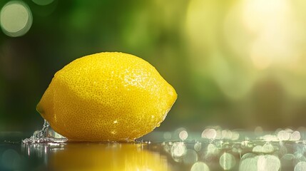 Wall Mural -  A yellow lemon sits atop a table, near a green and white bottle with blurred lights