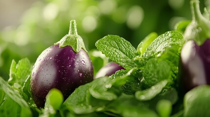 Wall Mural -  Two eggplants rest atop a verdant, leafy eggplant plant, adorned with water beads