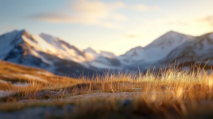 Wall Mural -  A scenic expanse of grass dots the foreground, contrasting the towering mountain range behind Snowcaps adorn the mountain peaks