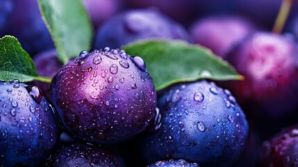 Wall Mural -  A tight shot of juicy plums, each with droplets of water clinging to their surfaces, and a verdant leaf resting atop them