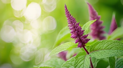 Canvas Print -  A tight shot of a purple bloom against a backdrop of green foliage and softly blurred background light