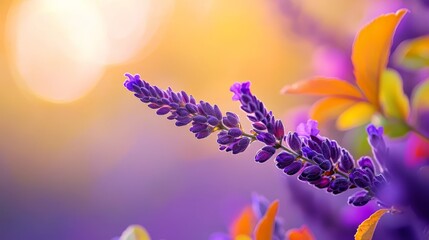 Wall Mural -  A tight shot of a purple bloom, featuring yellow and purple blossoms in the near ground The background softly blurs