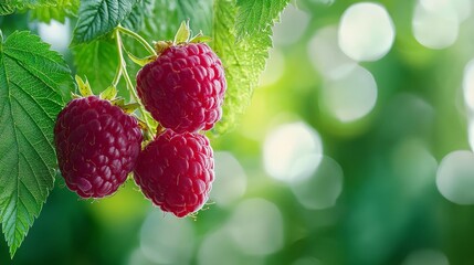 Poster -  Three raspberries dangle from a verdant branch against a backdrop of radiant sunshine filtering through the foliage