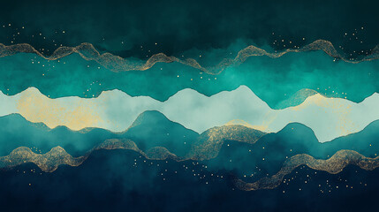 Wall Mural - A painting of a blue ocean with gold waves and stars