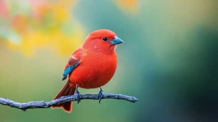 Wall Mural -  A red bird perched on a branch against a blurred backdrop of greens , with leafy foreground