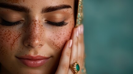 Poster -  A tight shot of a woman with freckles dotting her face She places a hand over it, eyes shut