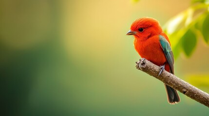 Wall Mural -  A red bird perches on a tree branch amidst a lush, green tree filled with numerous leaves