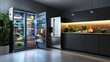 © PixelPlace - A spacious, smart refrigerator open in a sleek, modern kitchen, showcasing a variety of fresh groceries and beverages neatly organized on illuminated shelves.