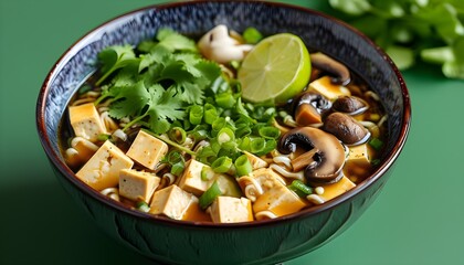 Vibrant vegetarian tofu noodle soup garnished with fresh lime, cilantro, mushrooms, and green onions served in a bowl on a green backdrop