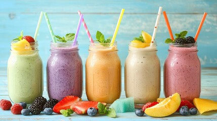 Sticker - A colorful assortment of smoothies in glass jars, each topped with fresh fruit and straws.