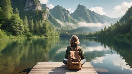 Serene lake surrounded by green mountains, with a person in a gray t-shirt and backpack sitting on a wooden dock, reflecting the tranquil beauty of nature.