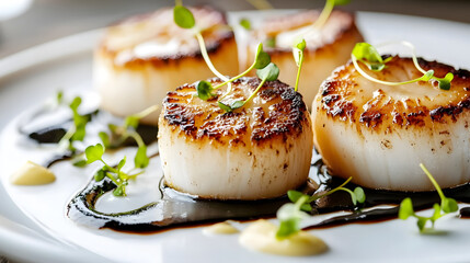 This gourmet dish showcases beautifully seared scallops arranged on a white plate, garnished with microgreens and a rich drizzle, perfect for a fine dining experience