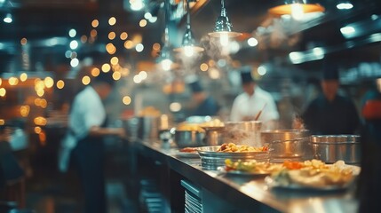 Blurred Restaurant Kitchen Background Featuring Chefs and Cooking Dishes on a Wooden Counter