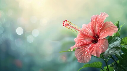 Wall Mural - A stunning hibiscus flower in full bloom, adorned with dewdrops glistening in the morning light