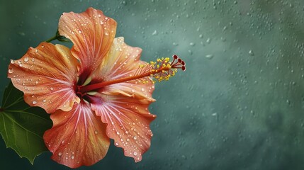 Wall Mural - A stunning hibiscus flower in full bloom, adorned with dewdrops glistening in the morning light