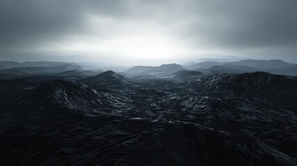 Canvas Print - a dark landscape with lot of black graphic striated black lava in perspective reflecting the light of the luminous grey sky, in a minimalist and surreal mood