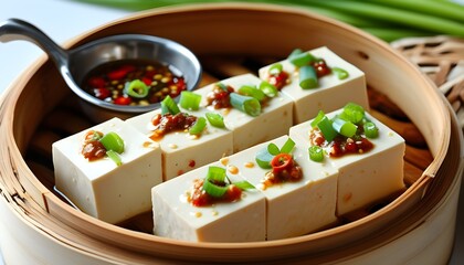 Flavorful steamed tofu cubes with chili sauce and fresh green onions in a traditional bamboo steamer