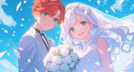 Wall Mural - Beautiful Anime Couple in Wedding Attire: Bride with Long Hair and Veil Holding White Roses Bouquet, Groom in Suit